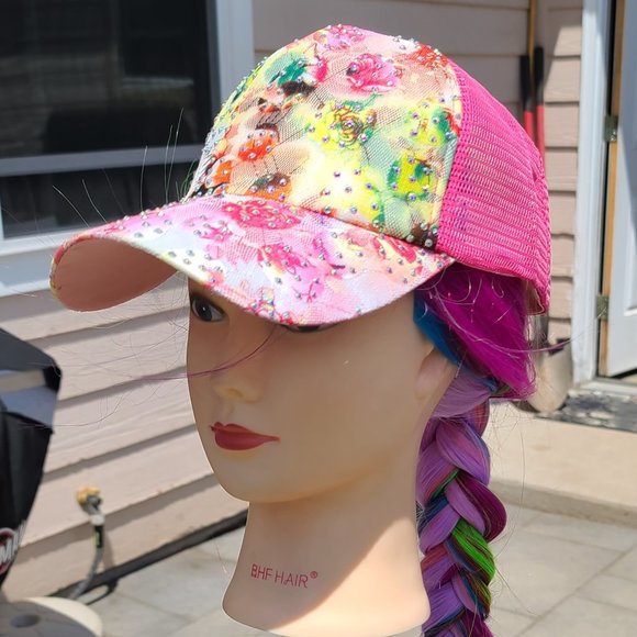 New Ladies Dark Pink Flower BLING Hat - Picture 3 of 4